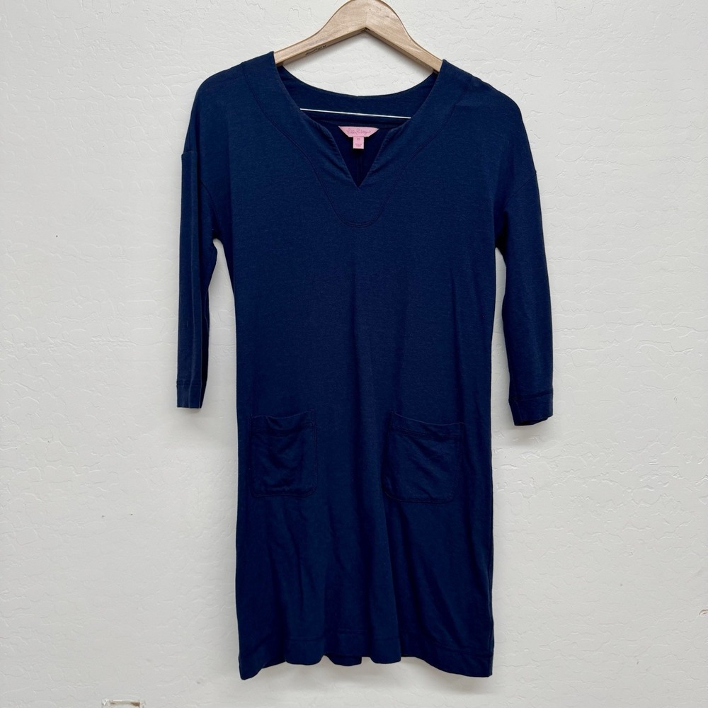 Lilly Pulitzer Joyce T-Shirt Dress Size XS True Navy Blue V-Neck Pockets UPF 50+